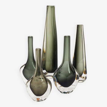 Collection of 5 Scandinavian sommerso glass vases Nils Landberg for Orrefors
