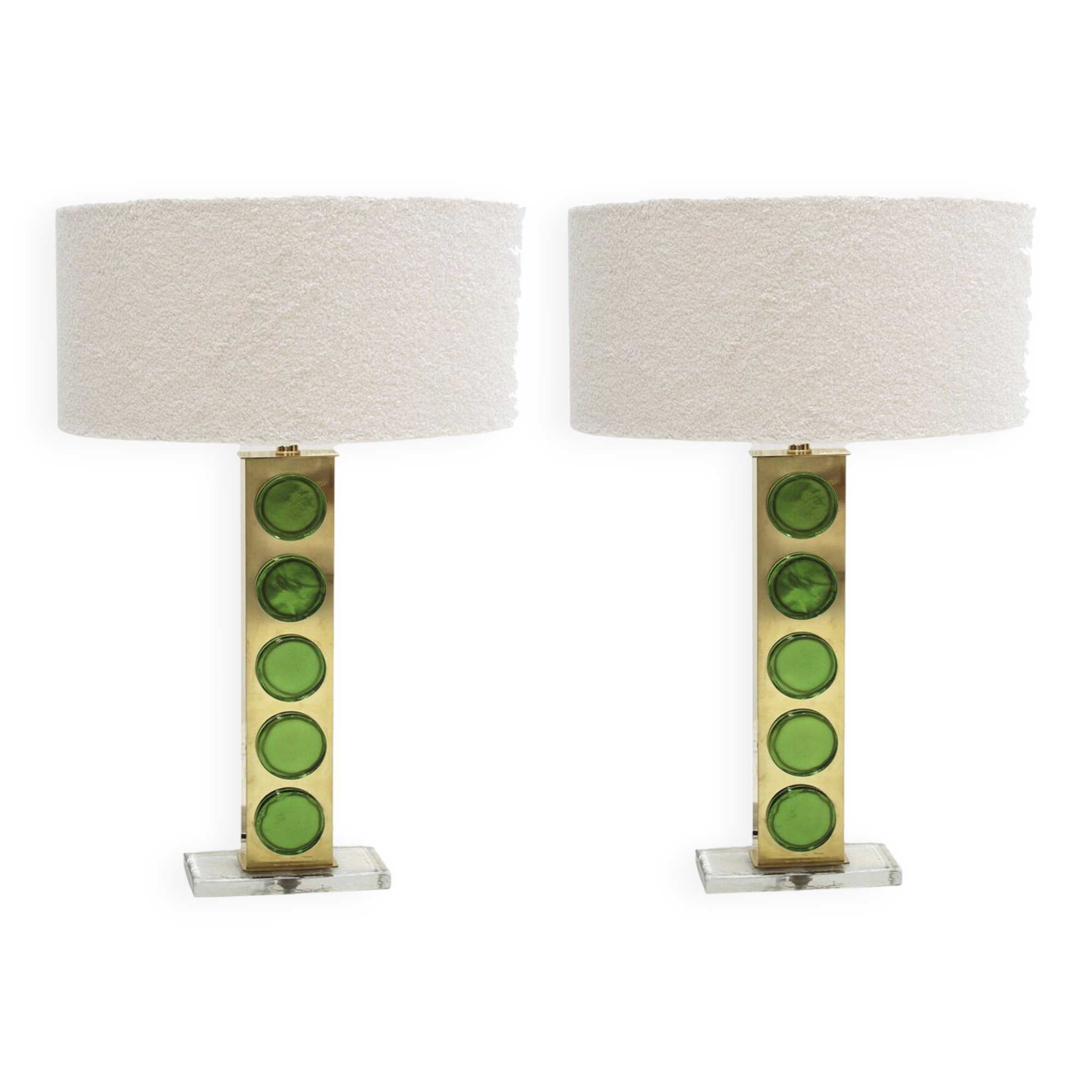 Mid Modern Style Pair of Brass Italian Table Lamps with Green Murano Glass