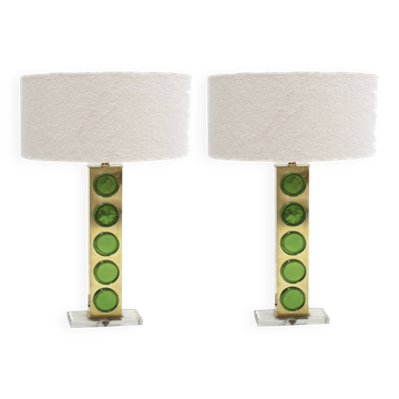 Pair of Italian brass mid-century table lamps with green Murano glass.