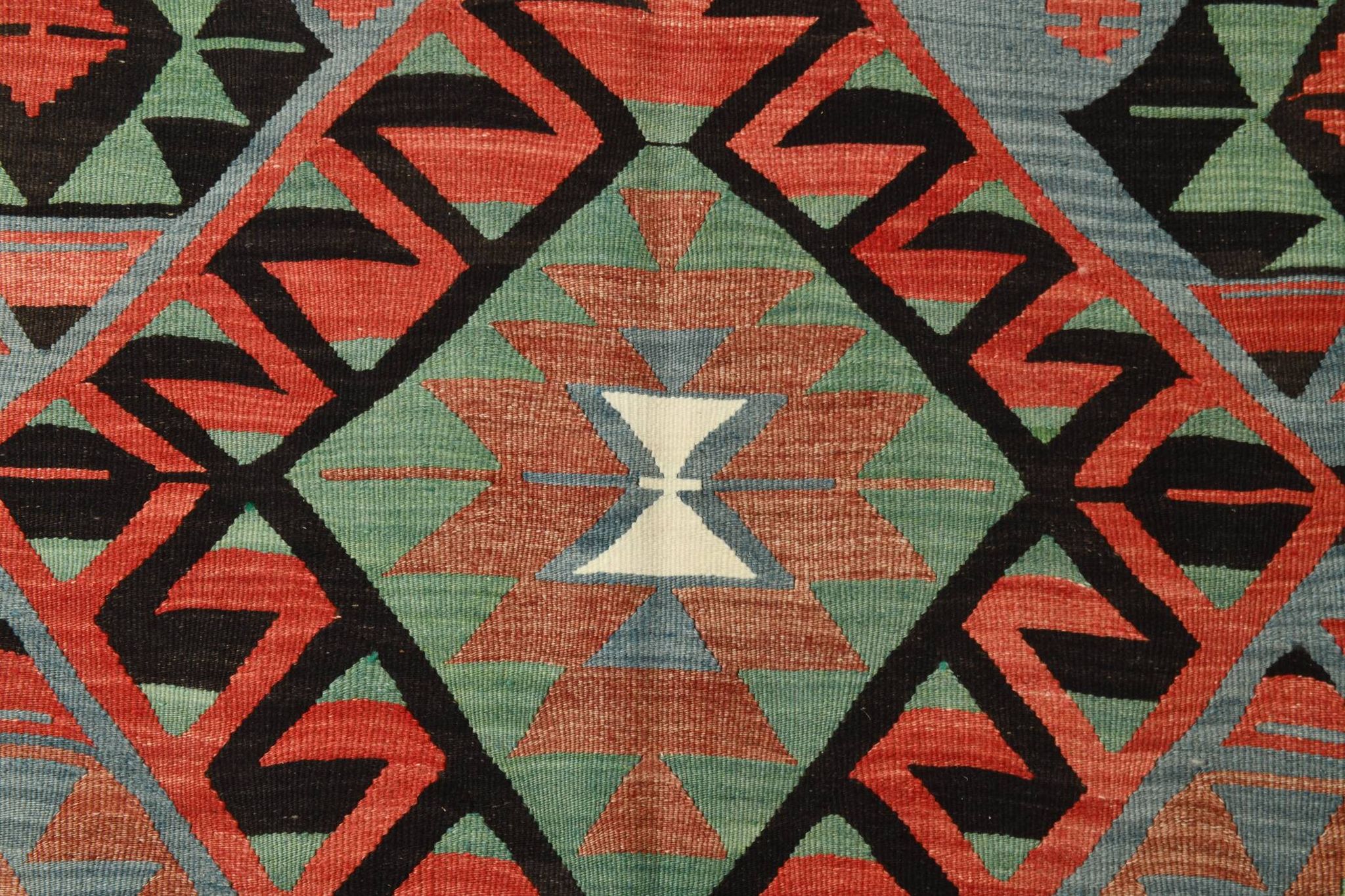 Kilim vintage anatolien tons bleu, vert et rouge géométrique, 160x317 Cm