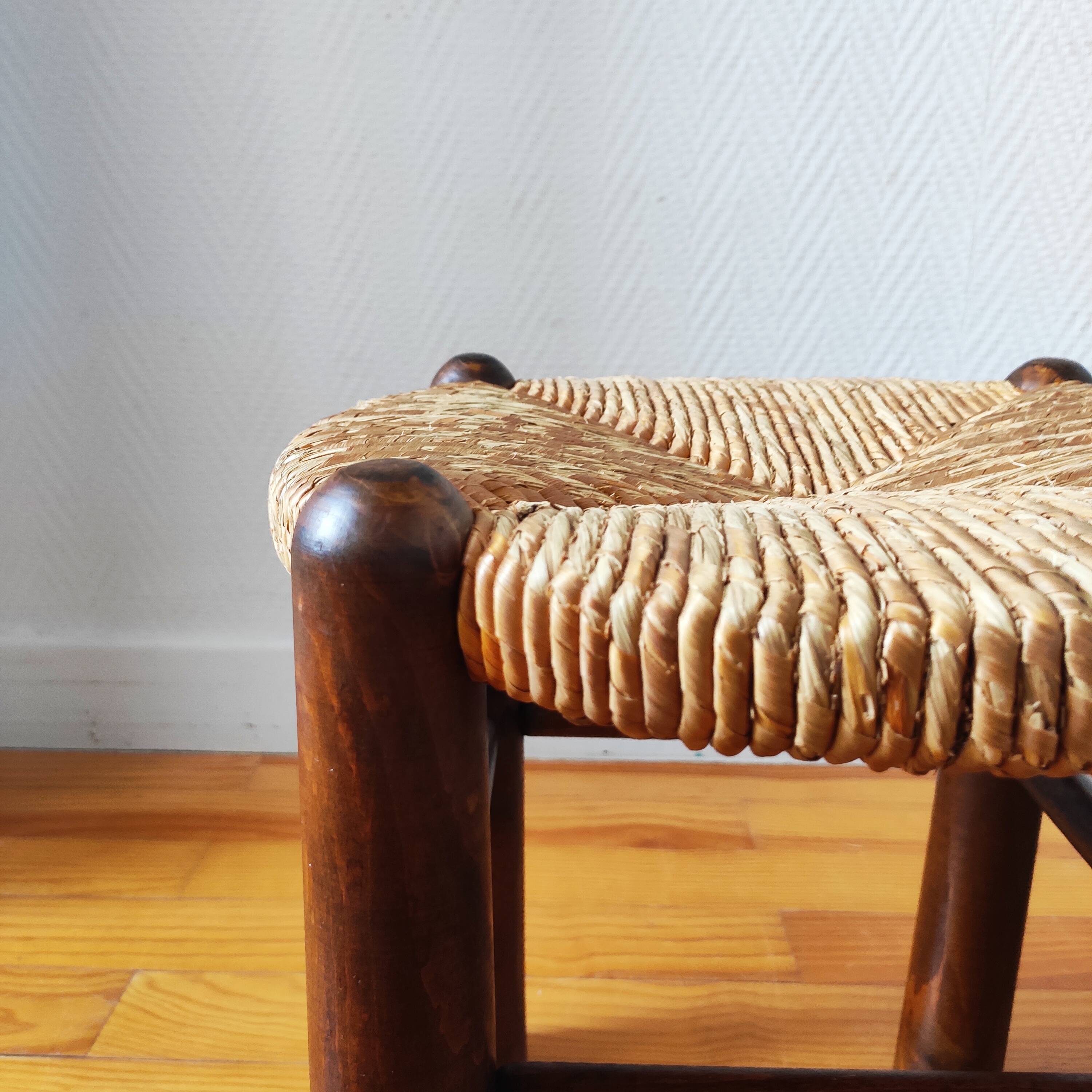 Brutalist wooden and straw stools - France 1950