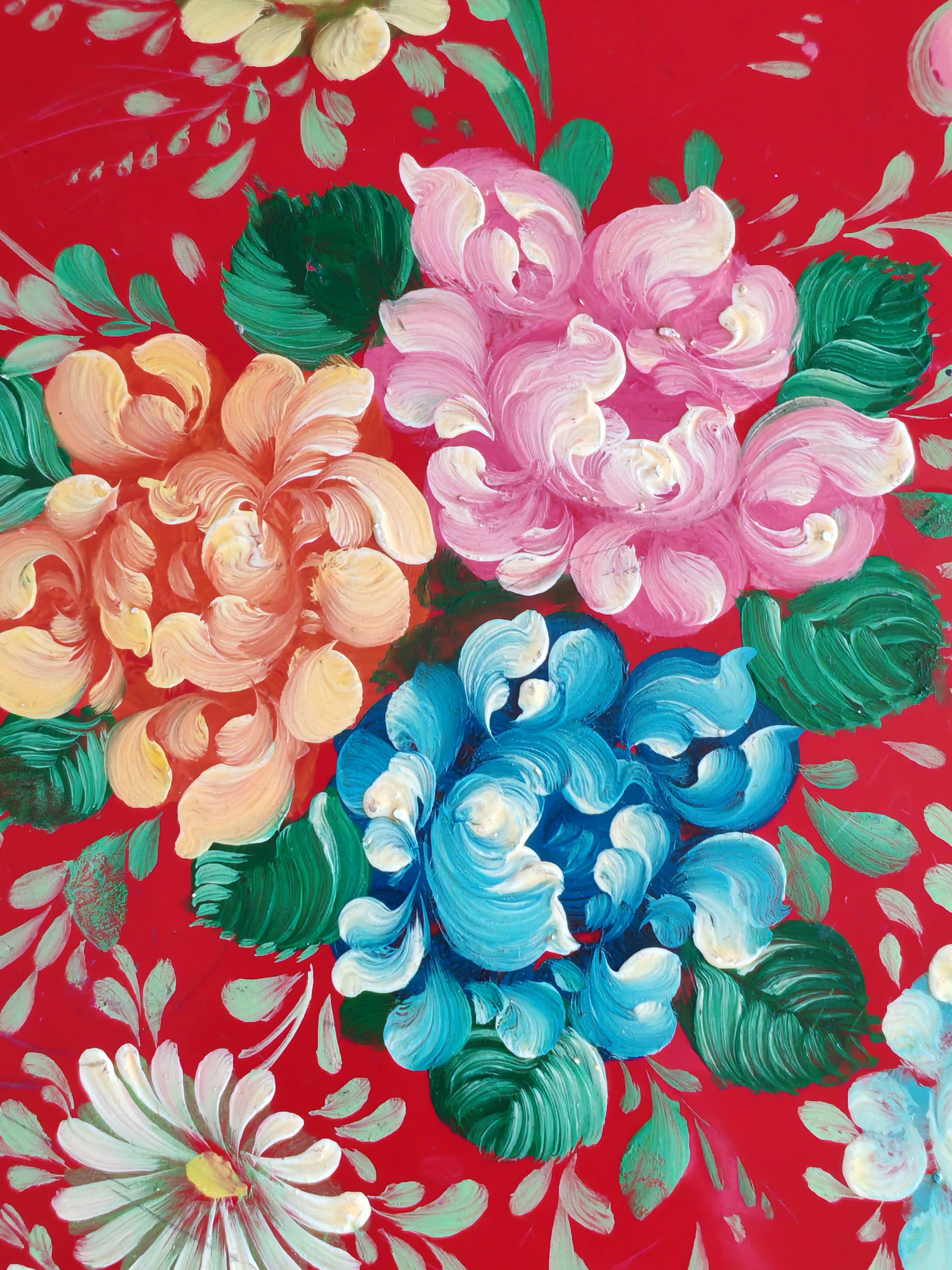 Old Red Plate Signed - Hand-Painted Floral Decoration