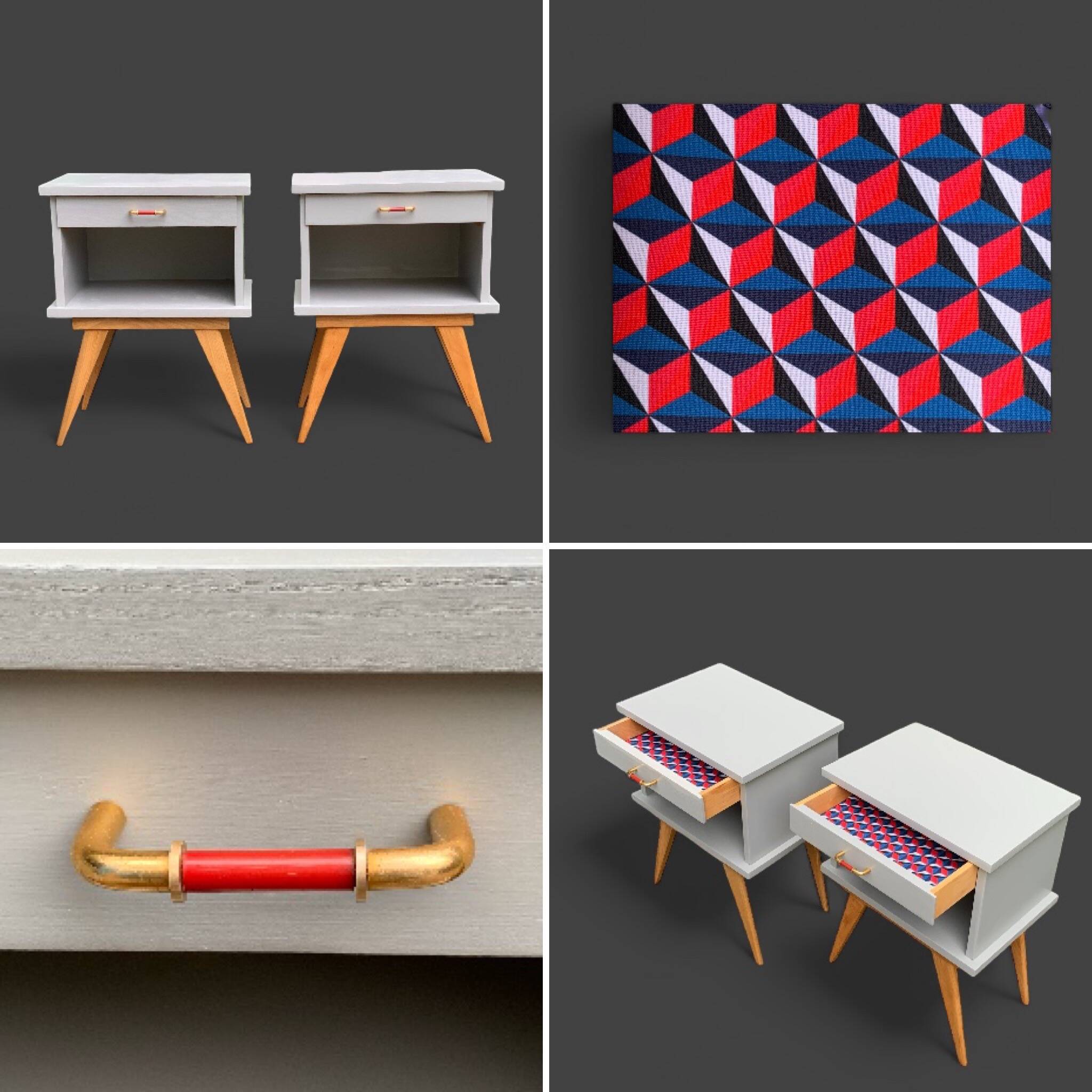 Pair of vintage 1950s compass foot bedside tables