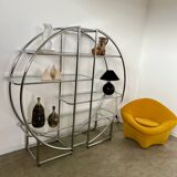 Old circular shelf tubular glazed bookcase art deco style bauhaus design 70s