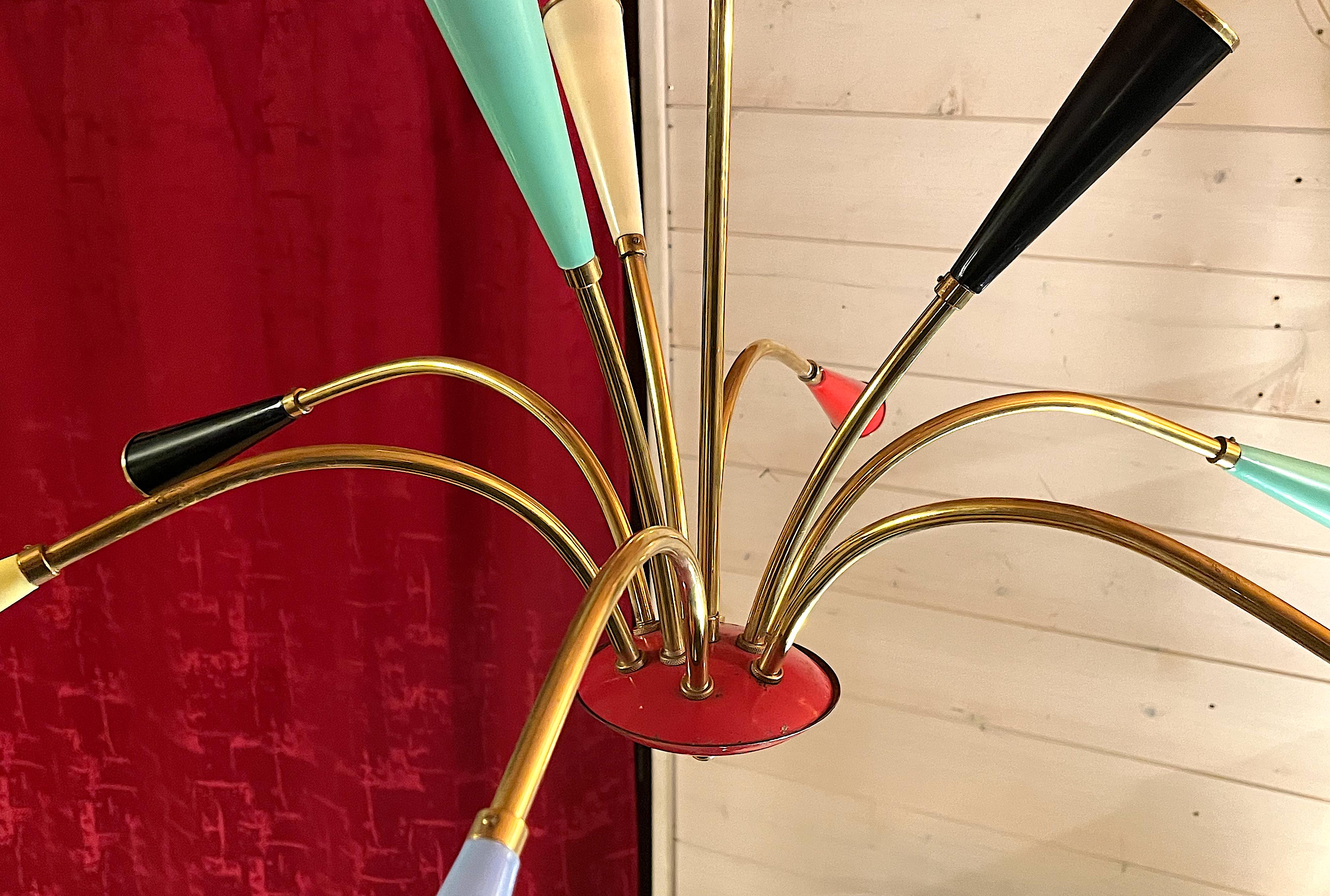 Colorful brass chandelier branch mid-century space age
