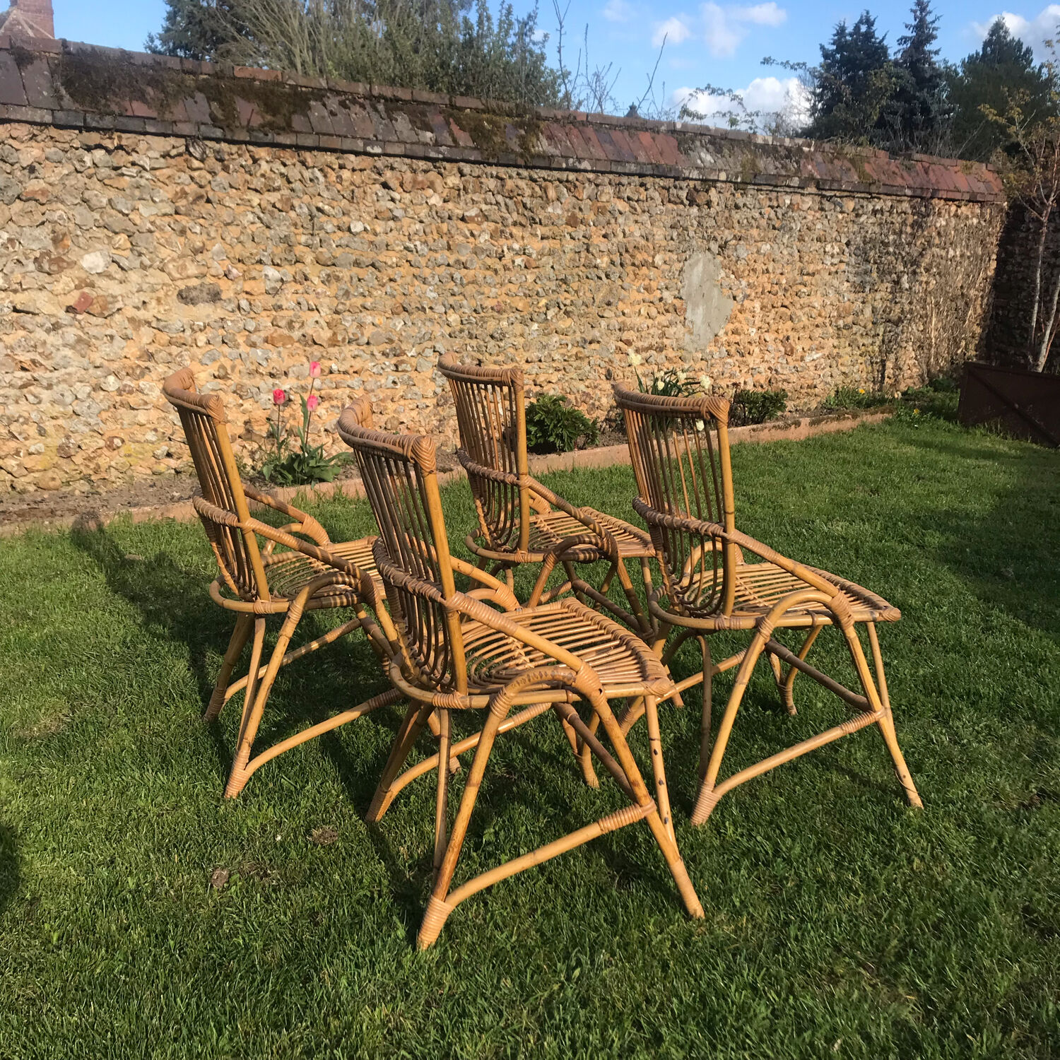 4 vintage rattan chairs 1950