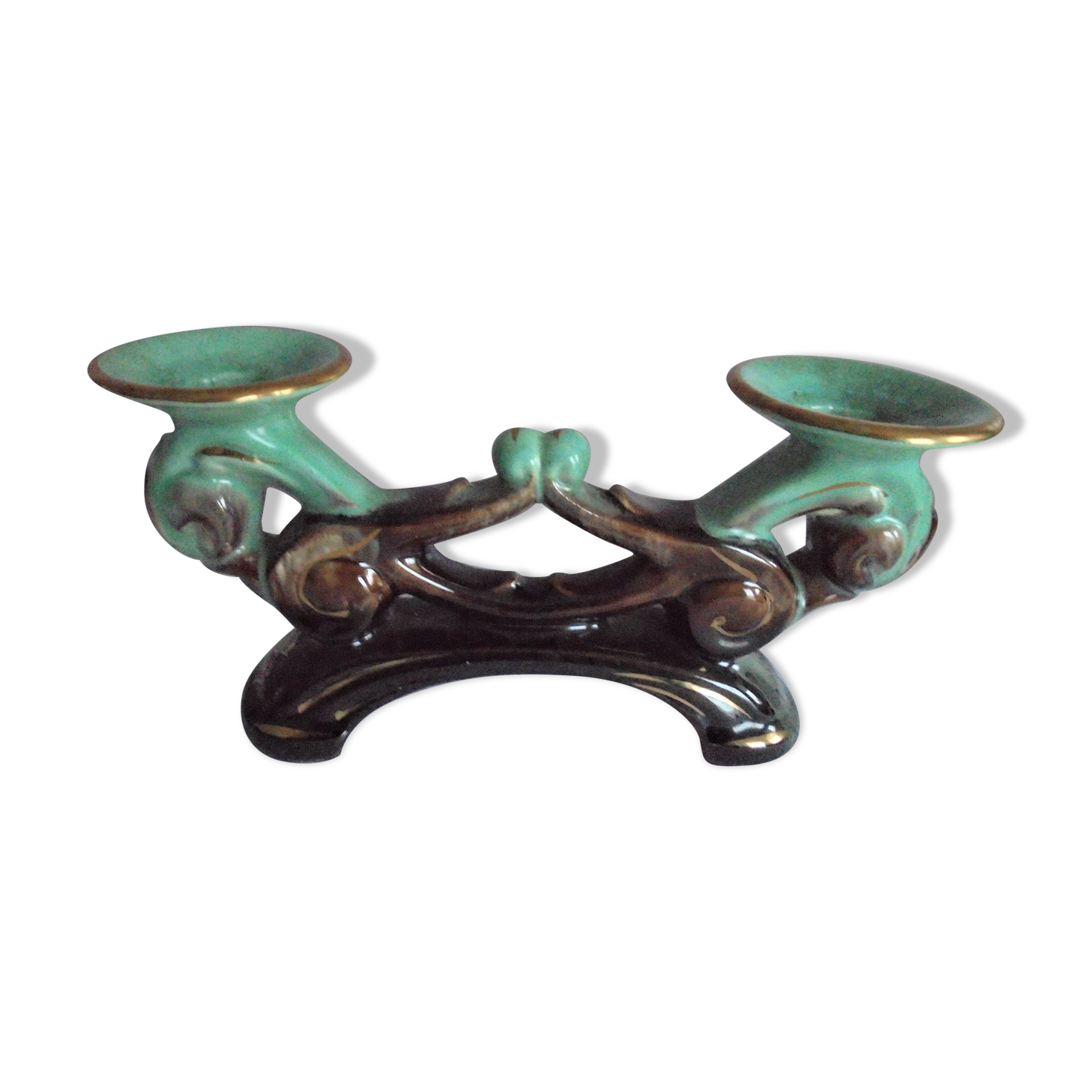 Vintage ceramic chandelier green and brown contours gold Bay Keramik