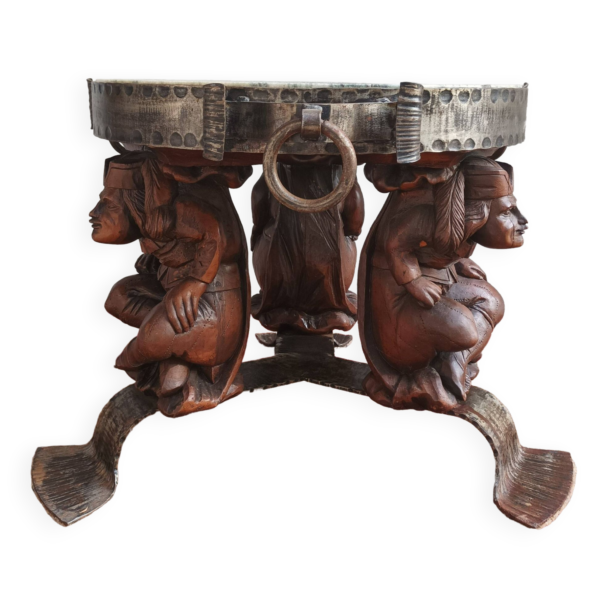 Jean-Maurice Rothschild (1902-1998) Table basse bois sculpté fer forgé et marbre