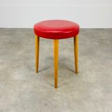 Baumann bistro stool wood and imitation red leather 60s