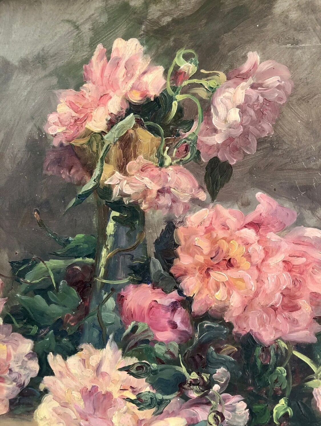 François Félix Roubaud Still life oil on wooden panel bouquet roses peonies XIX