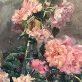 François Félix Roubaud Still life oil on wooden panel bouquet roses peonies XIX
