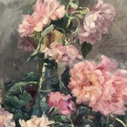 François Félix Roubaud Still life oil on wooden panel bouquet roses peonies XIX