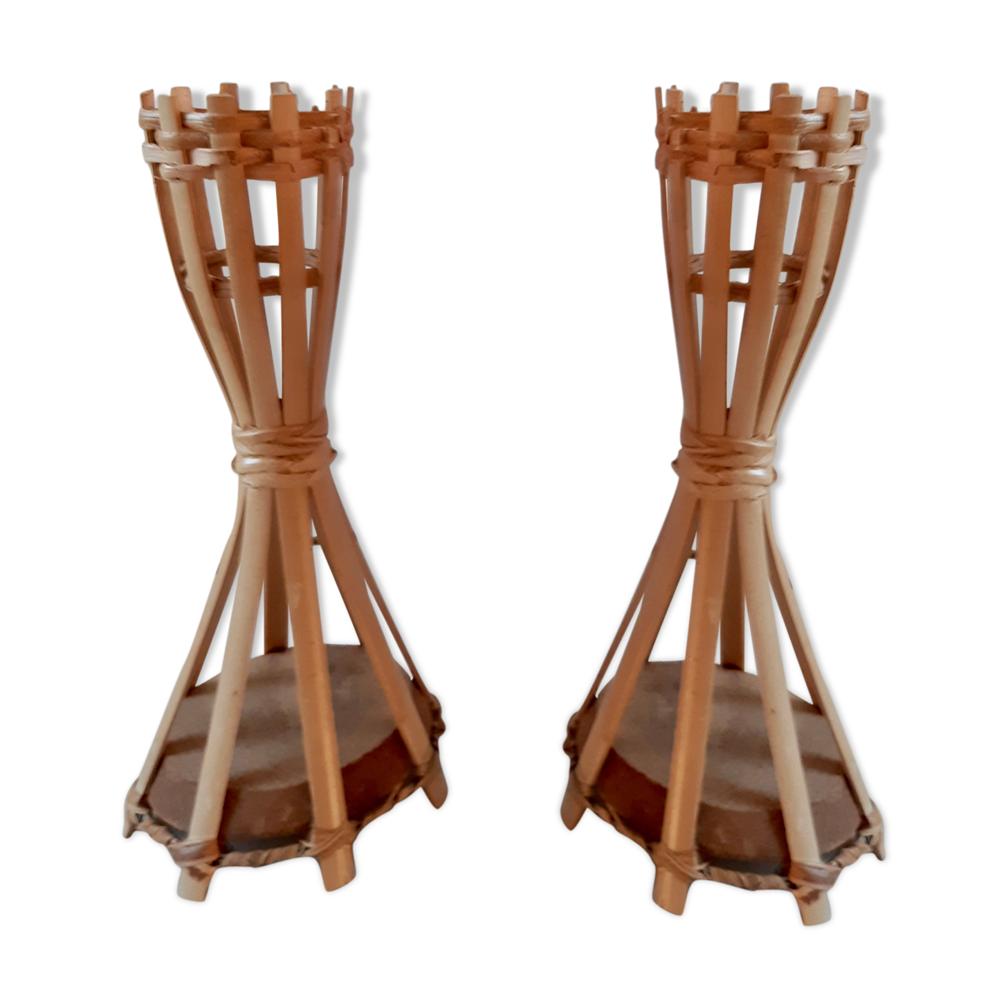 Lot of two rattan/bamboo candlesticks