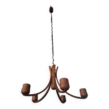 Teak variable height chandelier with 5 arms  by Domus, Denmark 1970s