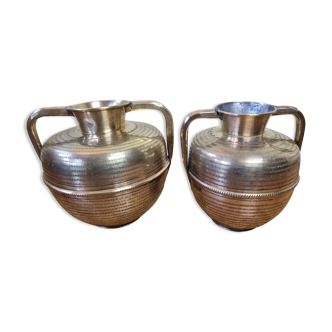 Pair of brass jars with double handles, Moroccan craftsmanship