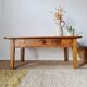 Low farmhouse table in honey pine wood with drawer, L96cm