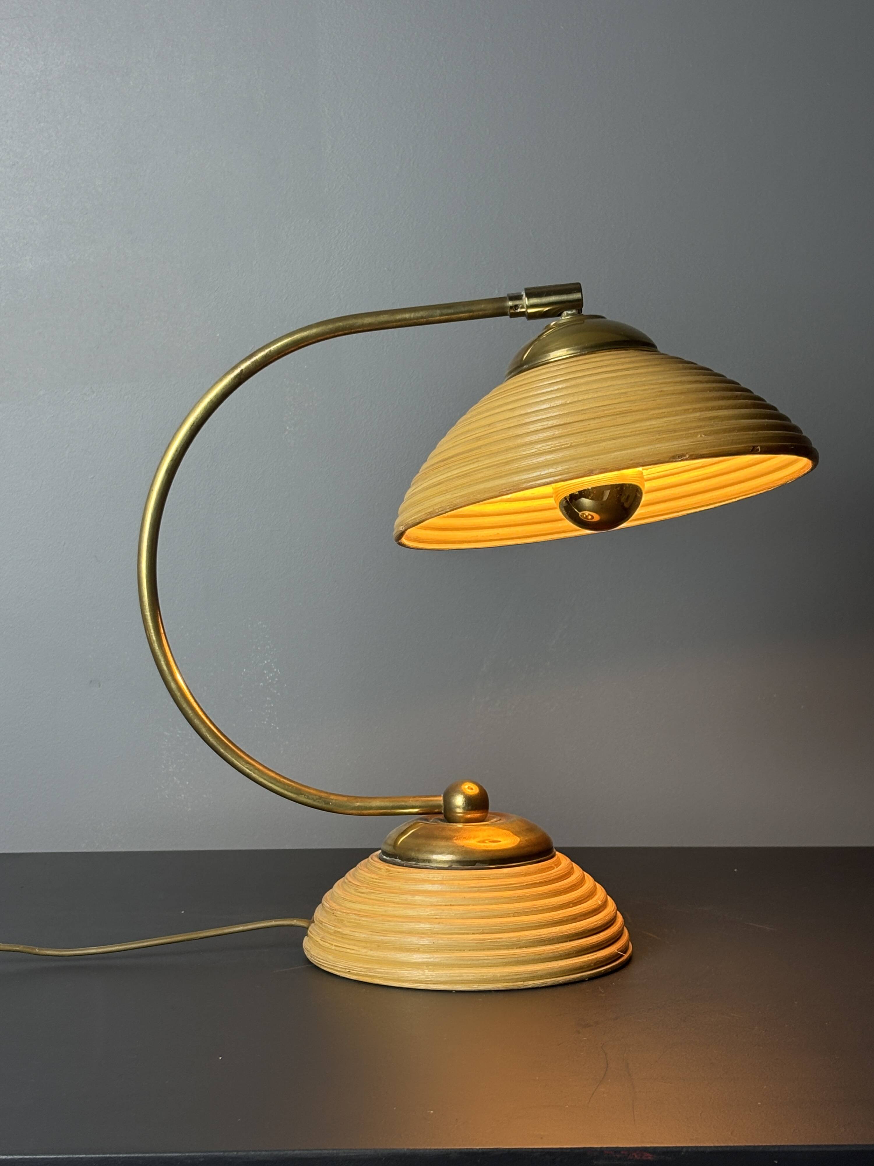 Midcentury pencil reed rattan bamboo and brass table lamp, Italy, 1970s