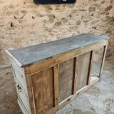 Antique oak counter with zinc top and blue patina