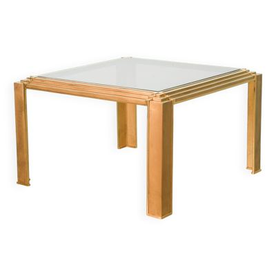 Table basse carrée en laiton massif d'après Peter Ghyczy avec plateau en verre fumé, années 70