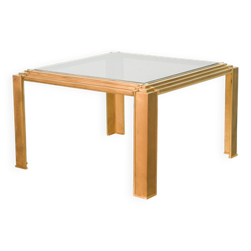 Table basse carrée en laiton massif d'après Peter Ghyczy avec plateau en verre fumé, années 70