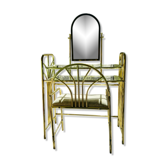 Vintage gilded brass dressing table with matching 1950s Art Deco seat