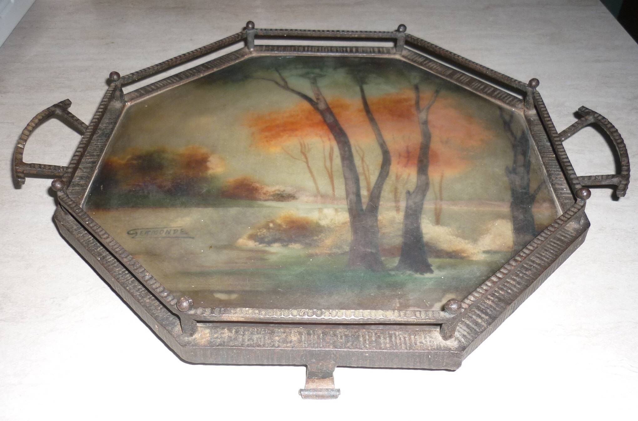 Art Deco hammered iron plateau or centrepiece table signed Germonde.