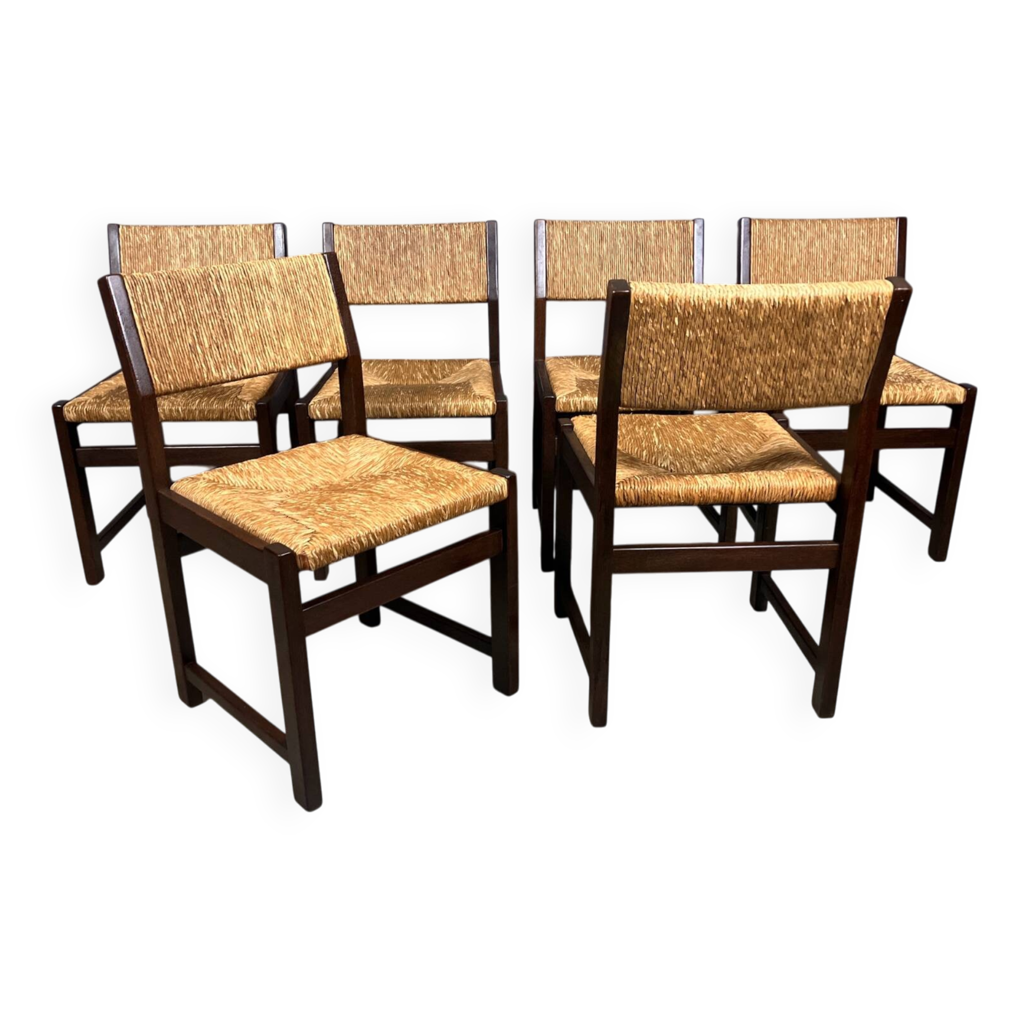 6 wooden vintage chairs dark wood rush