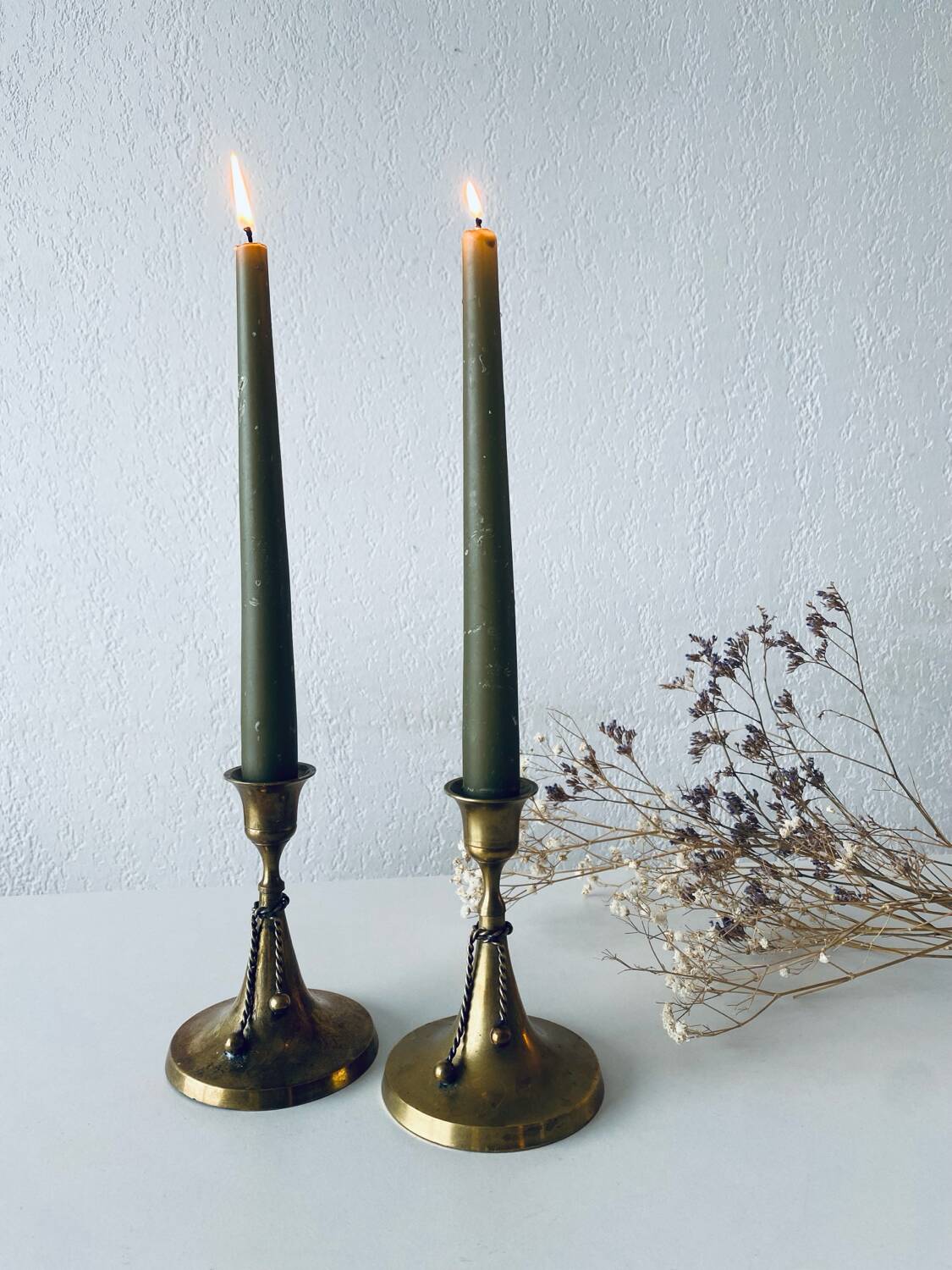 Pair of brass cord candle holders