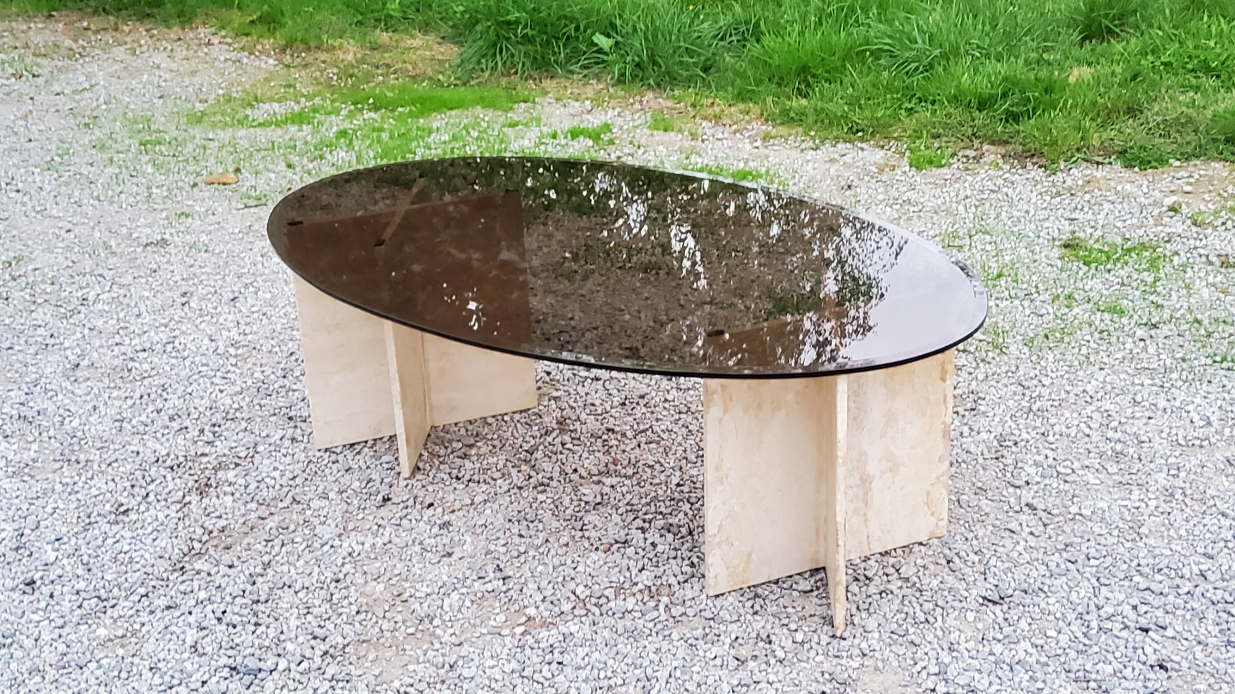 70s travertine and smoked glass designer coffee table