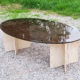 Table basse design en travertin et verre fumé des années 70