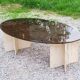70s travertine and smoked glass designer coffee table