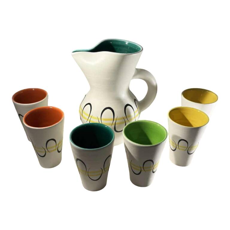 Andre baud for vallauris, ceramic jug and 6 glasses set, ca 1960