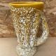 Old pitcher vase Vallauris fat lava yellow ceramic white foams #b479