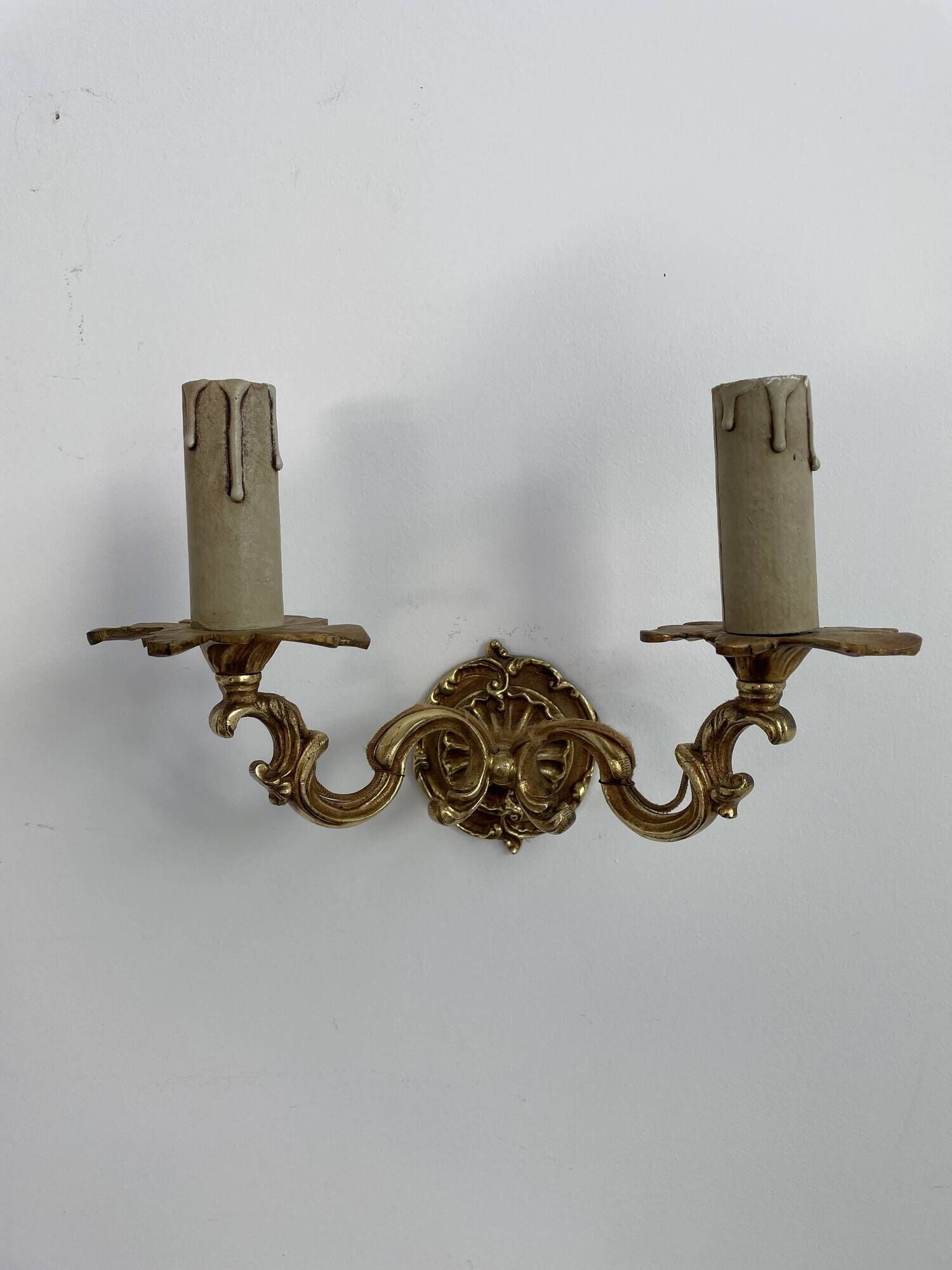 Pair of antique wall lamps in gilded metal - two lights - early XXth