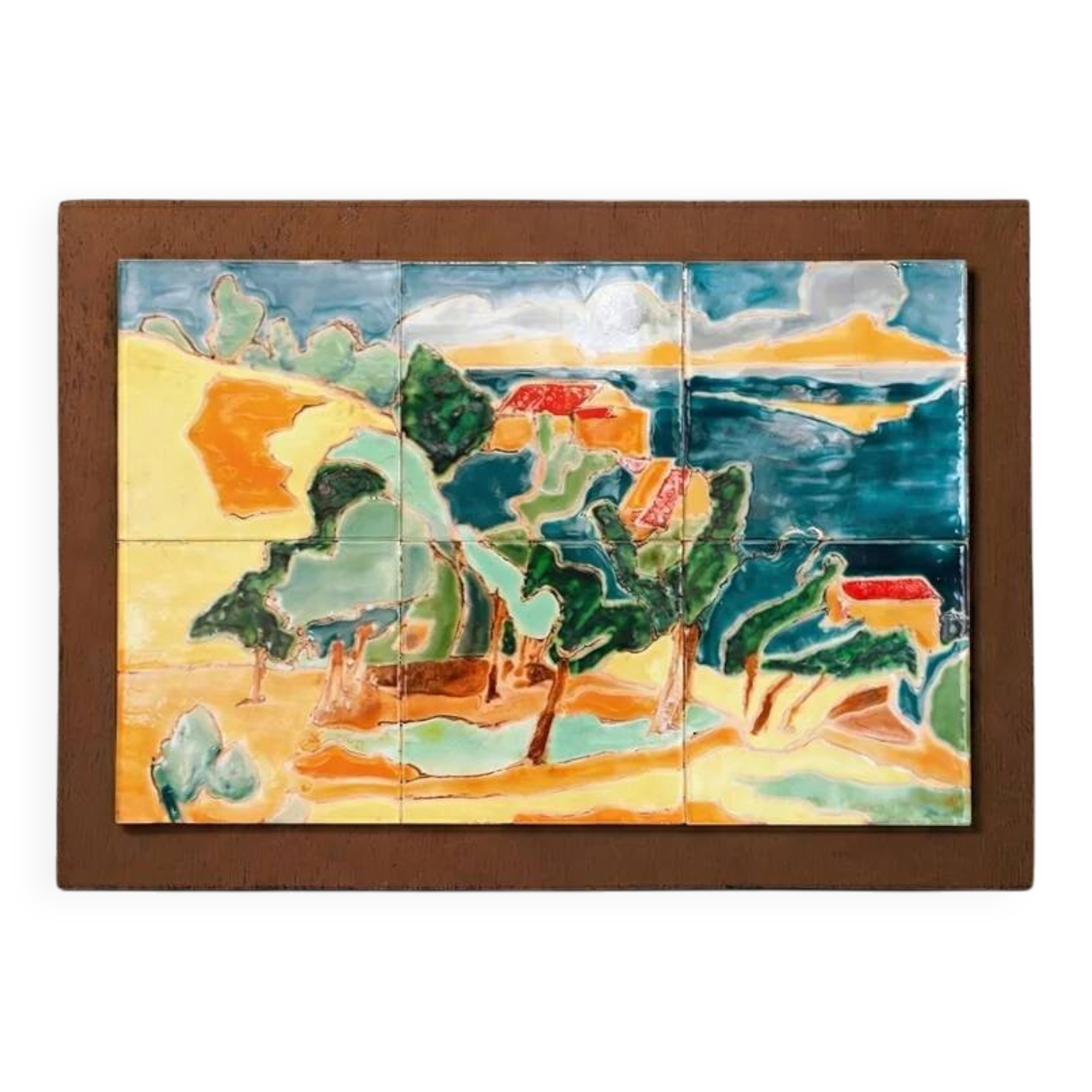Mid-Century coloured enamelled ceramic tile art panel, Anduze