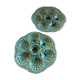 Set of 2 green majolica plates - Sarreguemines factory
