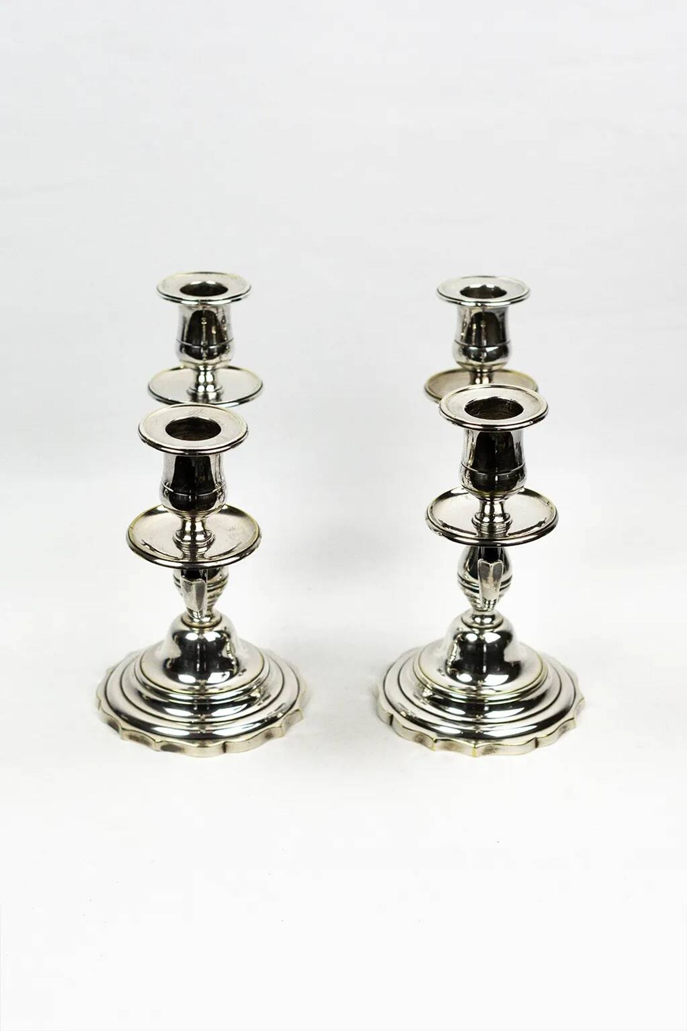 Pair of candlesticks | antique two-armed candelabra in silver-plated metal