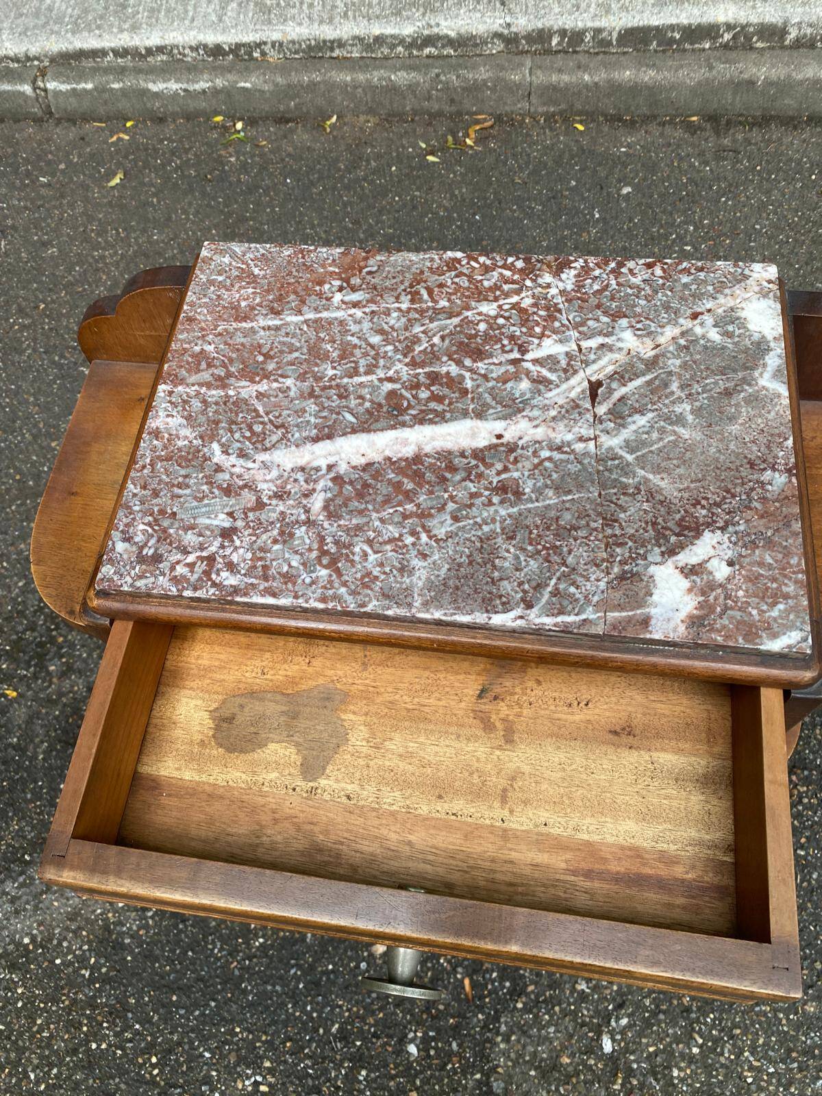 Art Deco bedside table in solid oak and marble from the 1940s.
