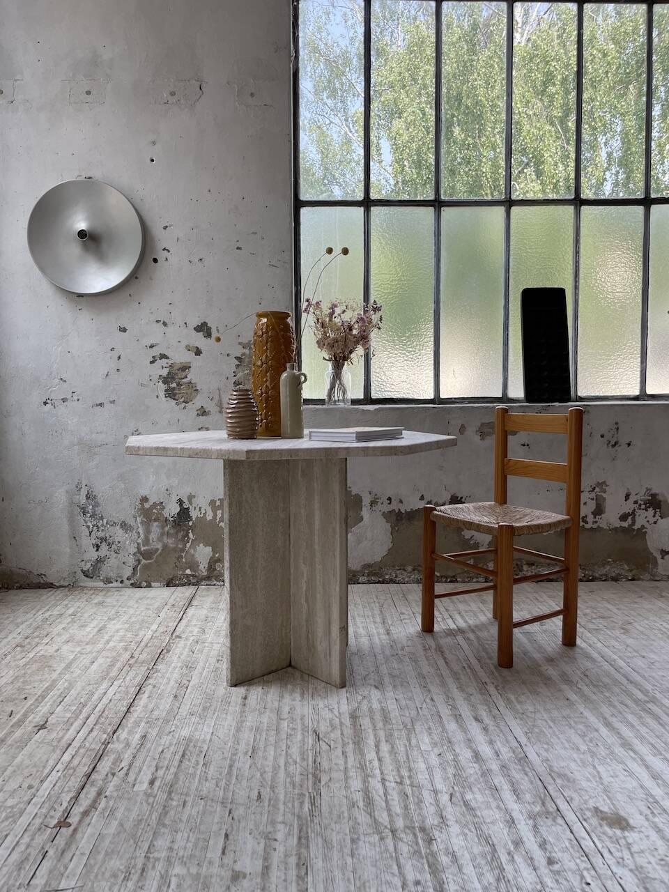 Octagonal travertine coffee table