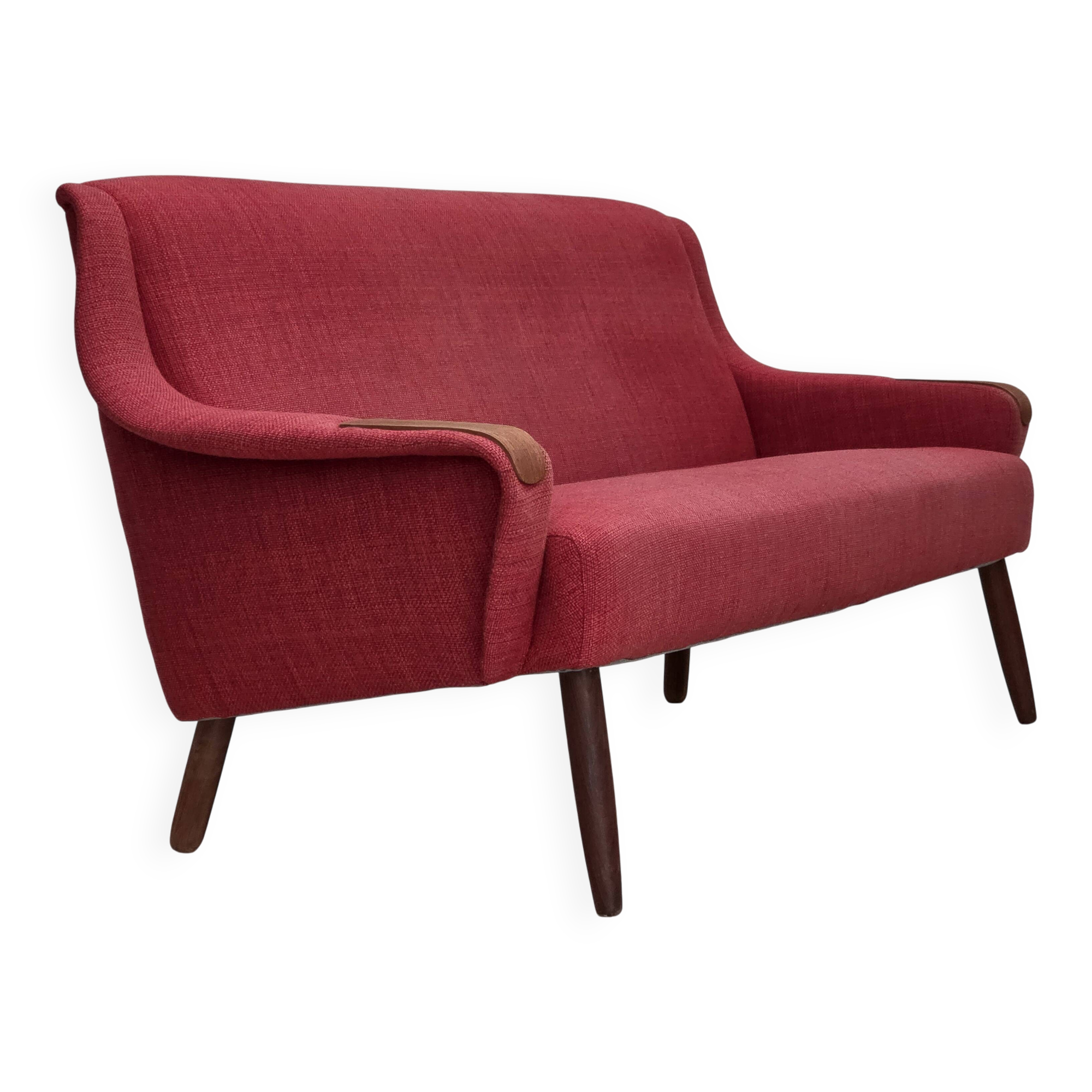 Canapé 2 places danois des années 1970, tissu d'ameublement, bois de teck.