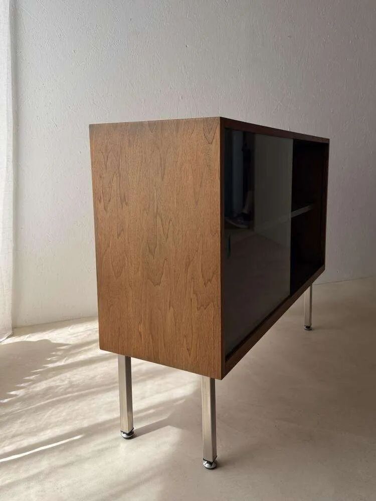 Walnut display cabinet from the 60s with smoked glass