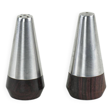 Danish teak and steel salt and pepper shaker set from the 1970s