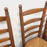 Set of 4 vintage brutalist Charles Dudouyt chairs in wood and straw from the 60s