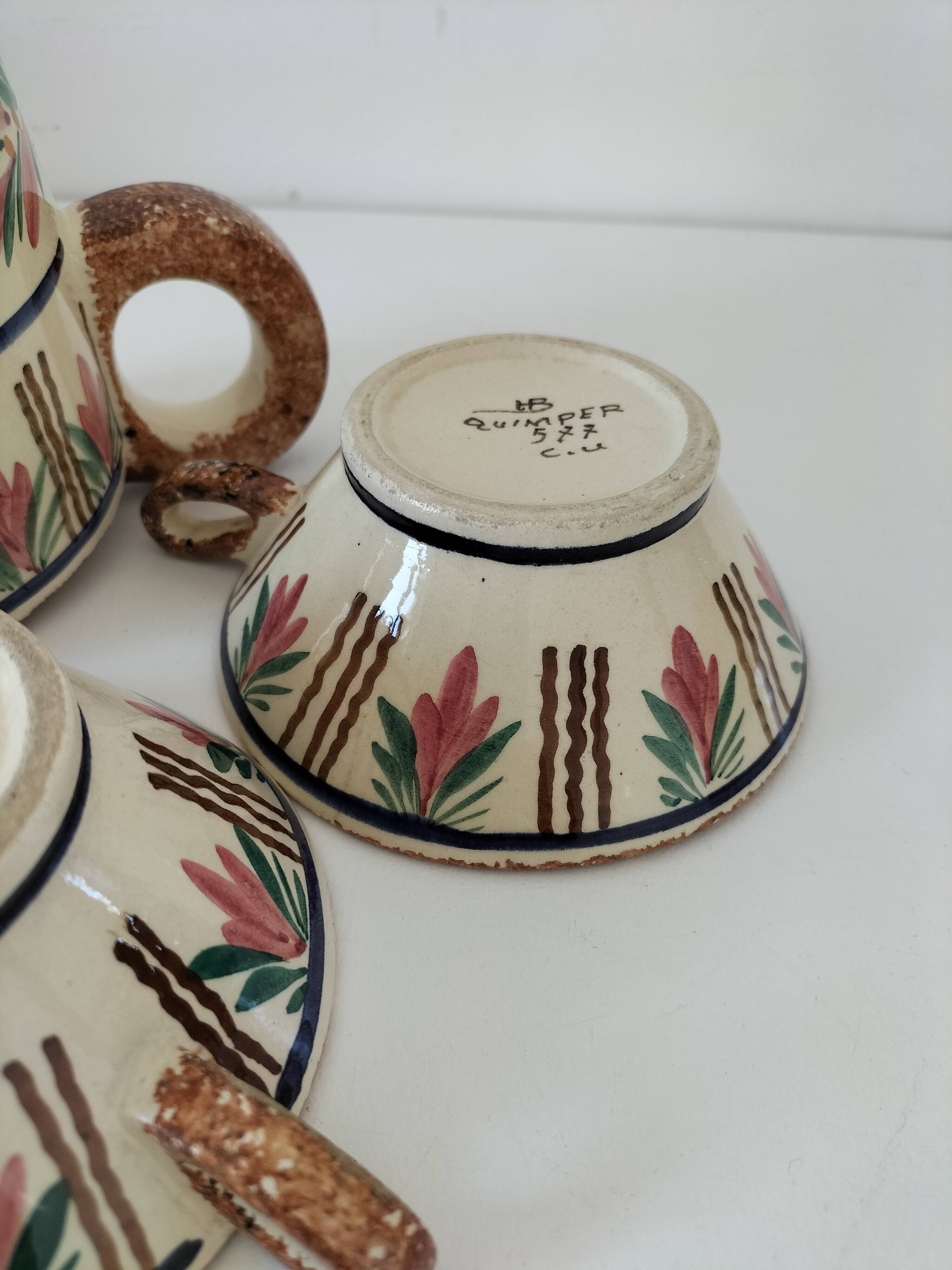 HB Quimper Teapot, Cups and Ramekin Set