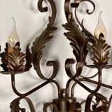 Wrought iron wall lights (pair) with foliage decoration