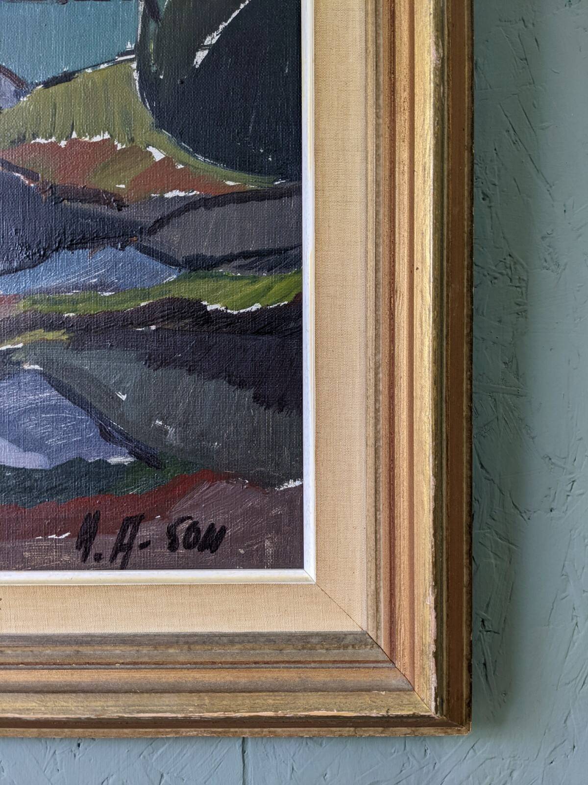 Mid-Century Modern "Meander" Vintage Expressionist River Landscape Oil Painting, Framed