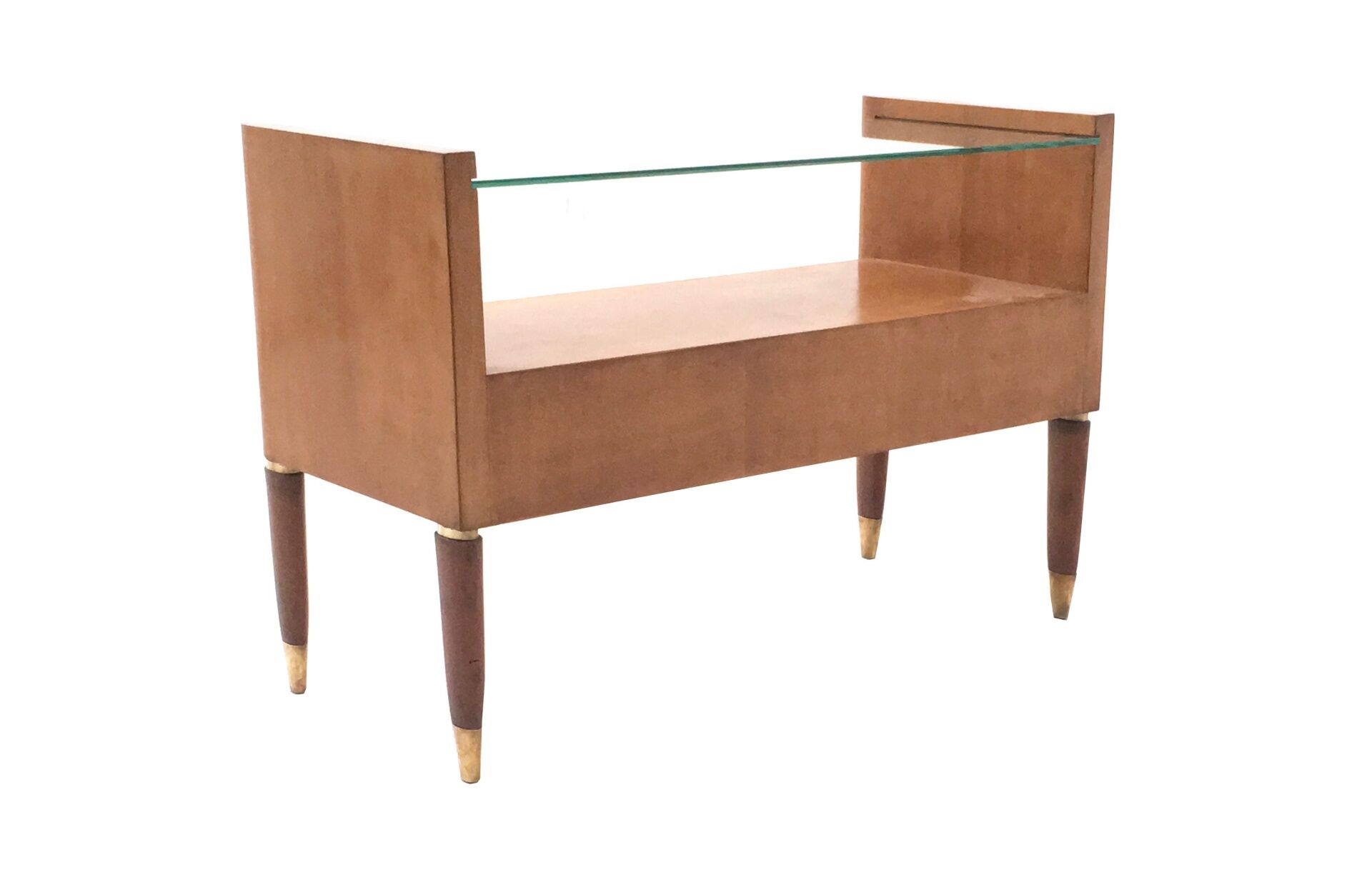 Vintage walnut nightstand with a glass top and brass details, Italy