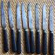 A set of 8 knives with black wooden handles and bolsters.