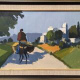 Mid-Century Modern "Rider on the Road" Swedish Vintage Street Scene Oil Painting, Framed