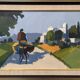 Peinture à l’huile suédoise de scène de rue « Rider on the Road » milieu XXème, encadrée